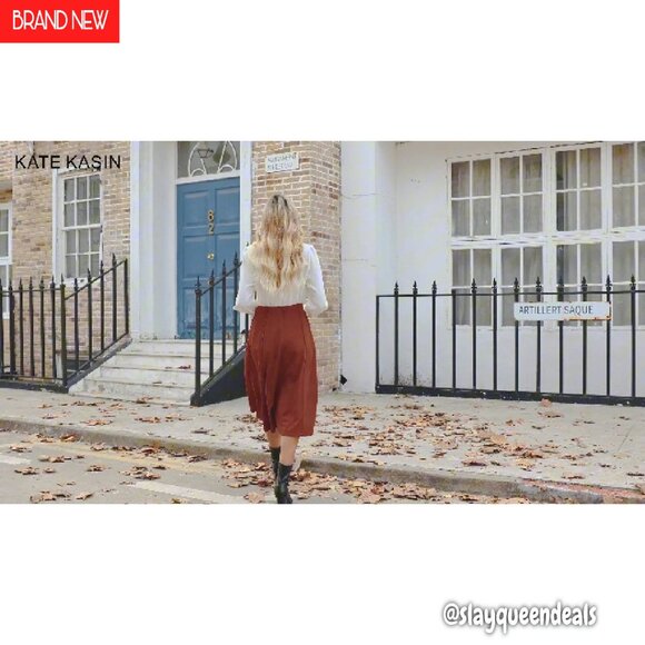 High Waisted Pleated Midi Skirt with Pockets, Flowy A-Line Design - Picture 7 of 8